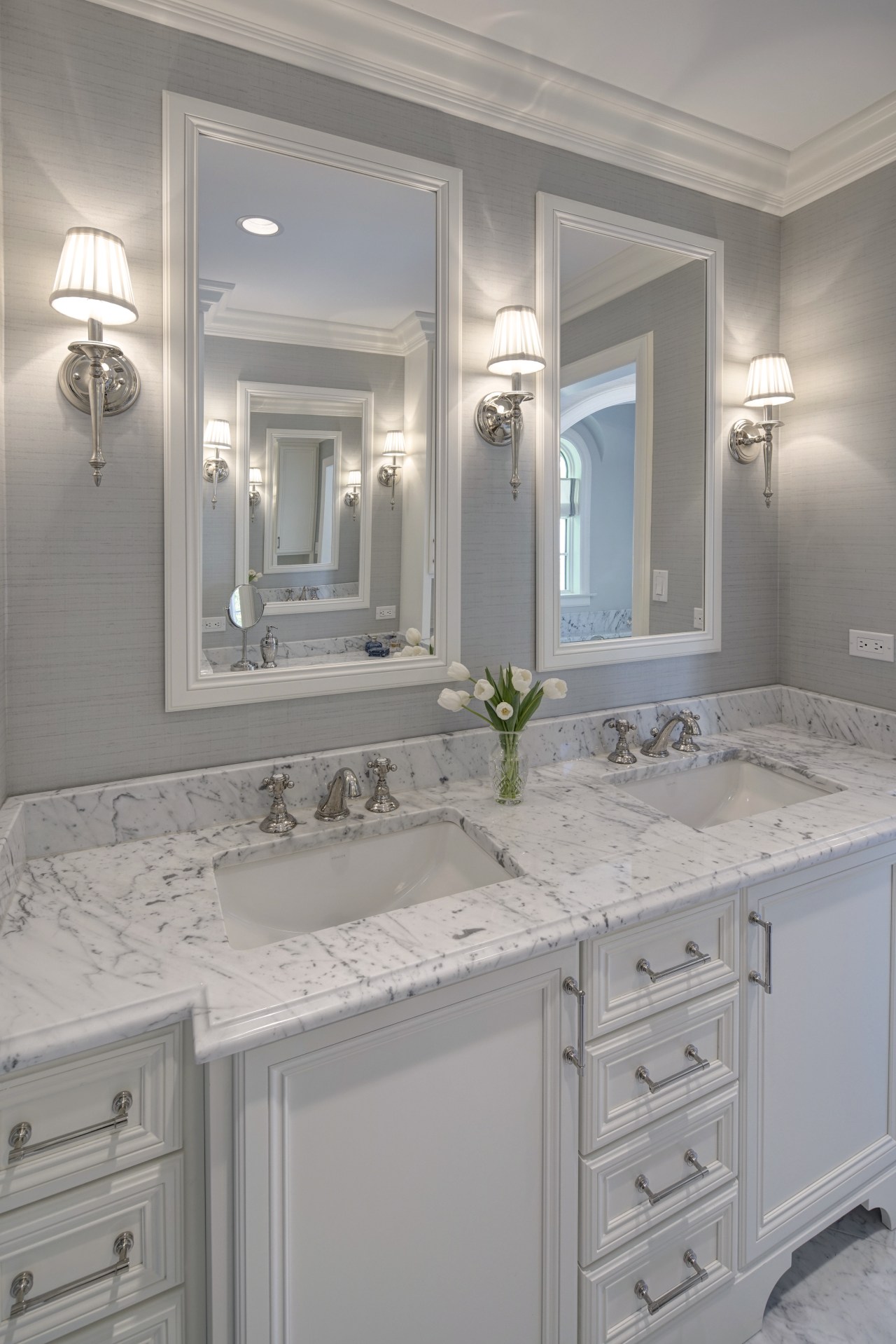 Vanity in traditional bathroom suite bathroom, bathroom accessory, bathroom cabinet, cabinetry, countertop, cuisine classique, floor, home, interior design, kitchen, room, sink, tile, wall, gray