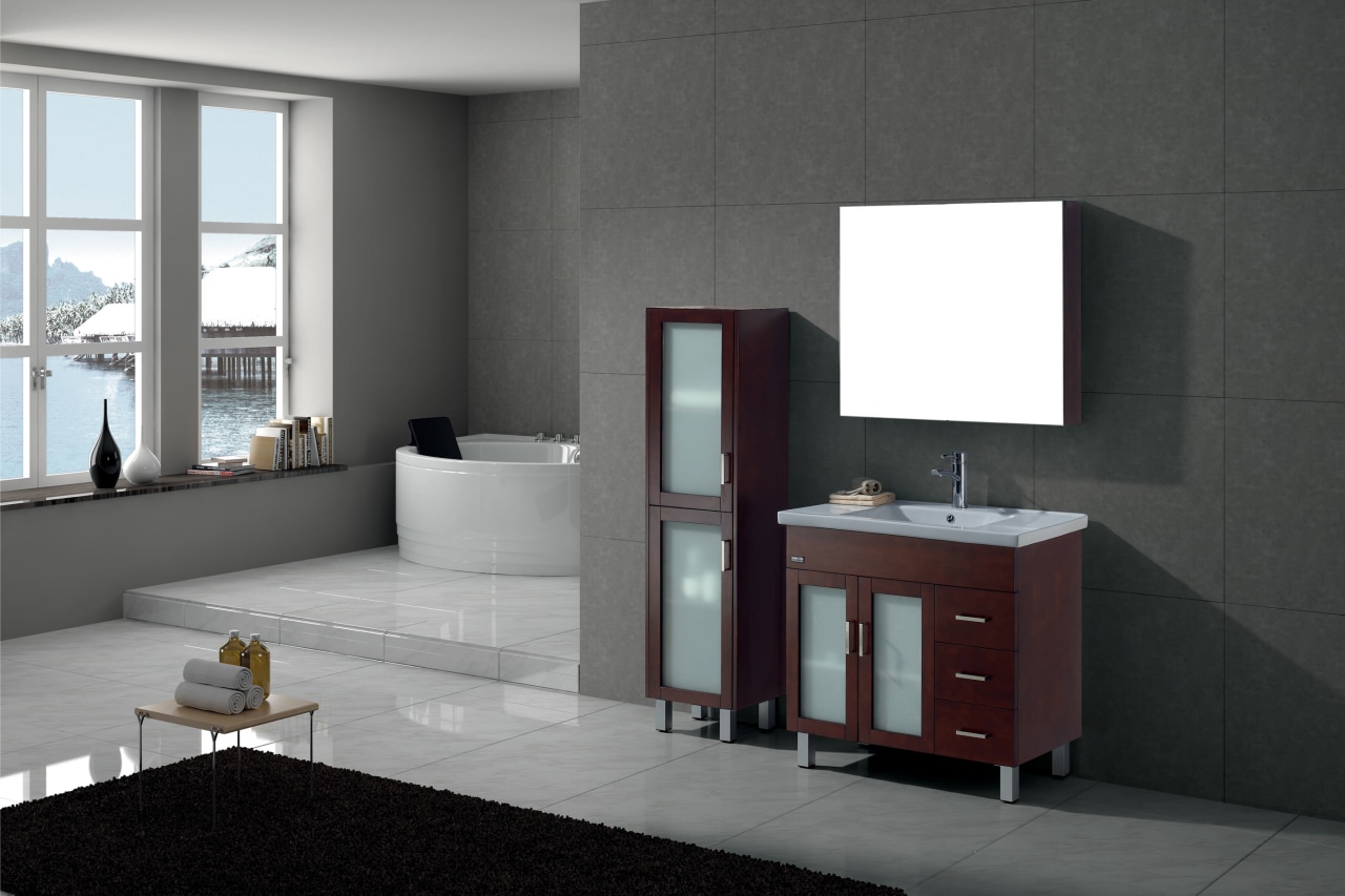 Large bathroom with a round bath tub, grey angle, bathroom, bathroom accessory, bathroom cabinet, floor, furniture, interior design, product design, room, sink, black, gray