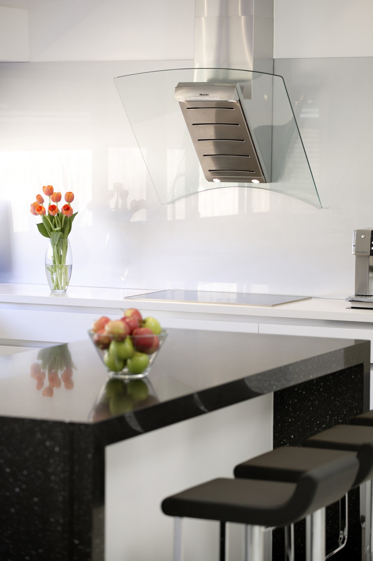 Black and white contemporary kitchen with quartz benchtops, countertop, interior design, kitchen, light fixture, product design, room, table, white