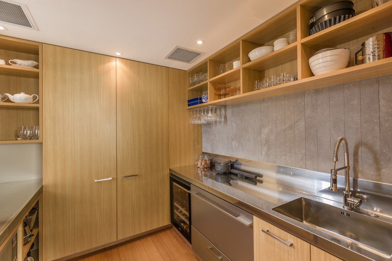 Modern kitchen scullery with Tasmanian ash veneer cabinets cabinetry, countertop, interior design, kitchen, real estate, room, wood, orange, brown