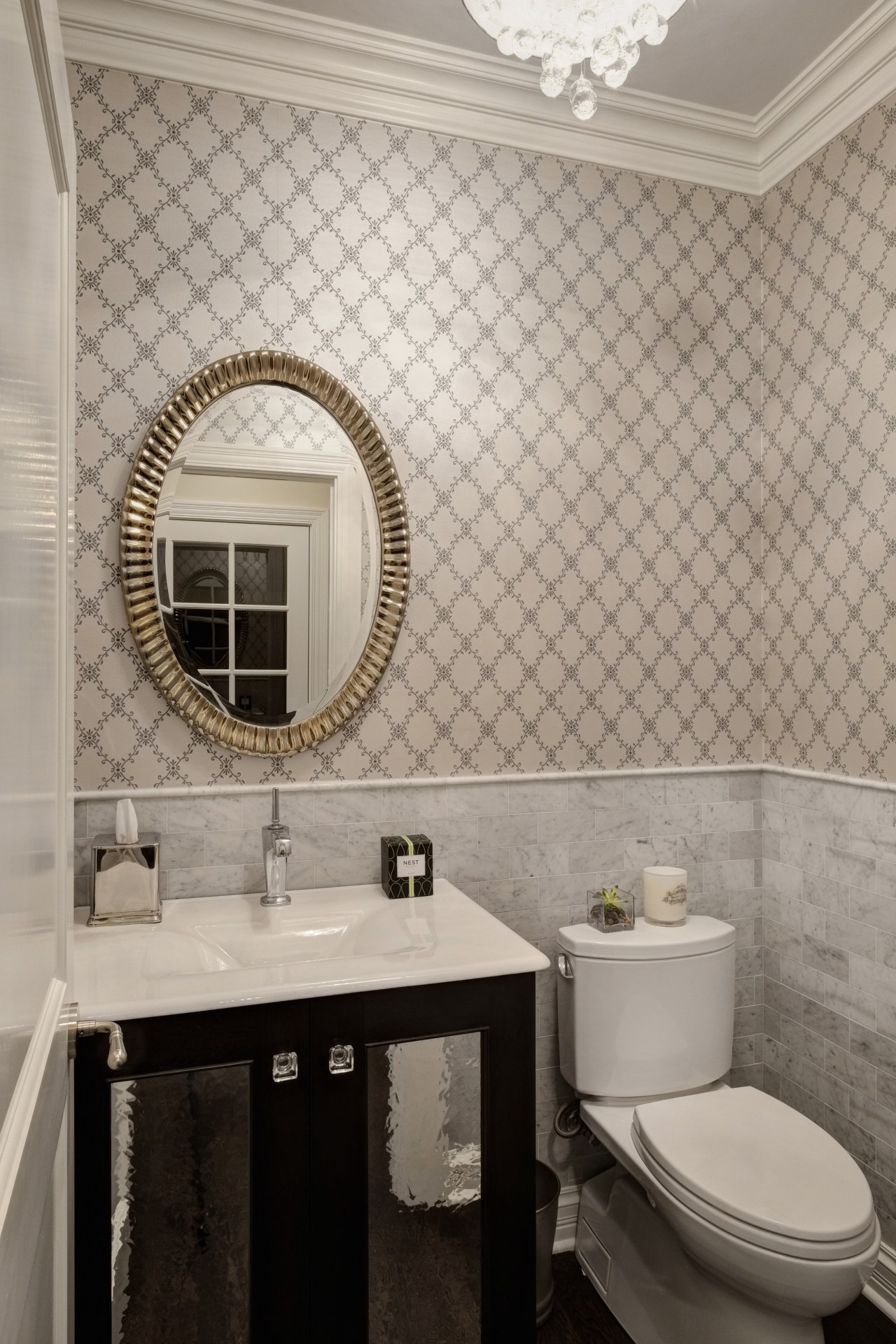 Toilet room in traditional bathroom by Drury Design bathroom, ceiling, ceramic, floor, flooring, home, interior design, plumbing fixture, room, sink, tap, tile, wall, window, gray