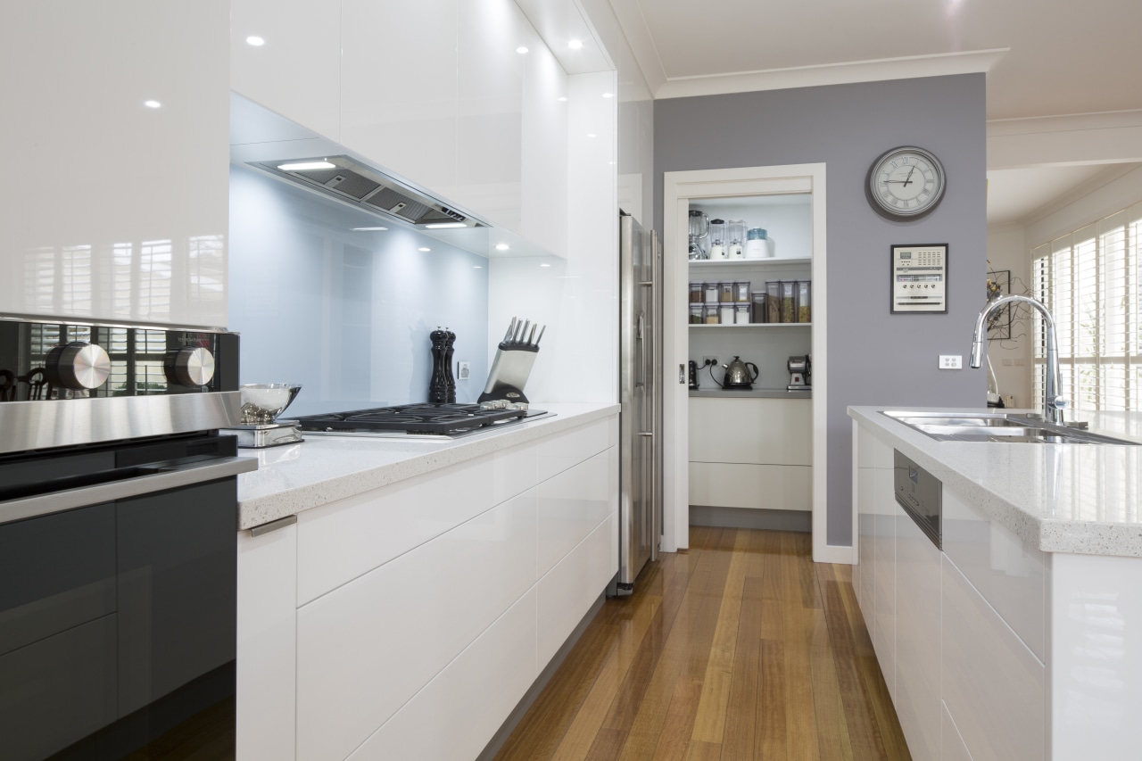 Clean-lined white kitchen with pantry, grey walls and cabinetry, countertop, cuisine classique, interior design, kitchen, property, real estate, room, gray