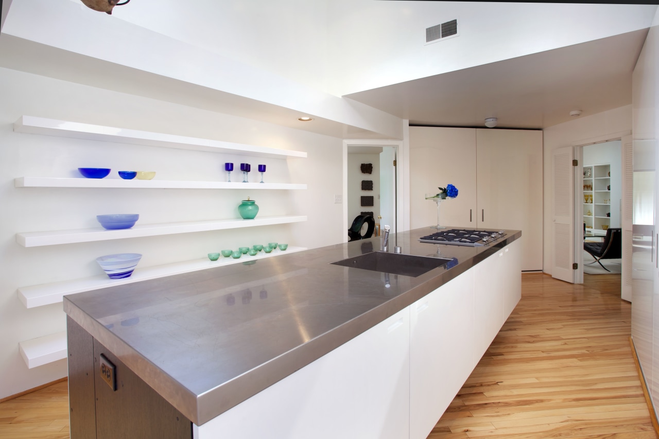 Its sleek, simple and all white this new countertop, interior design, kitchen, real estate, room, gray, white