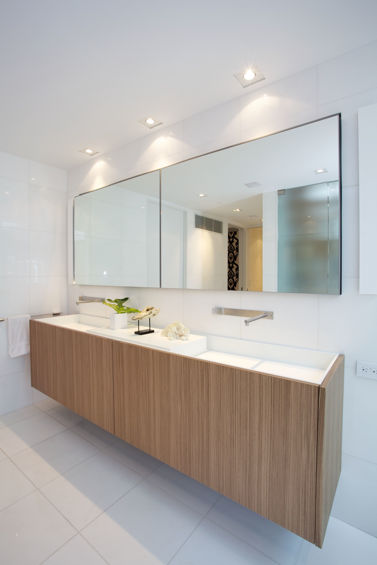 The cantilevered Boffi vanity features walnut wood veneer bathroom, countertop, floor, interior design, kitchen, product design, sink, gray, white