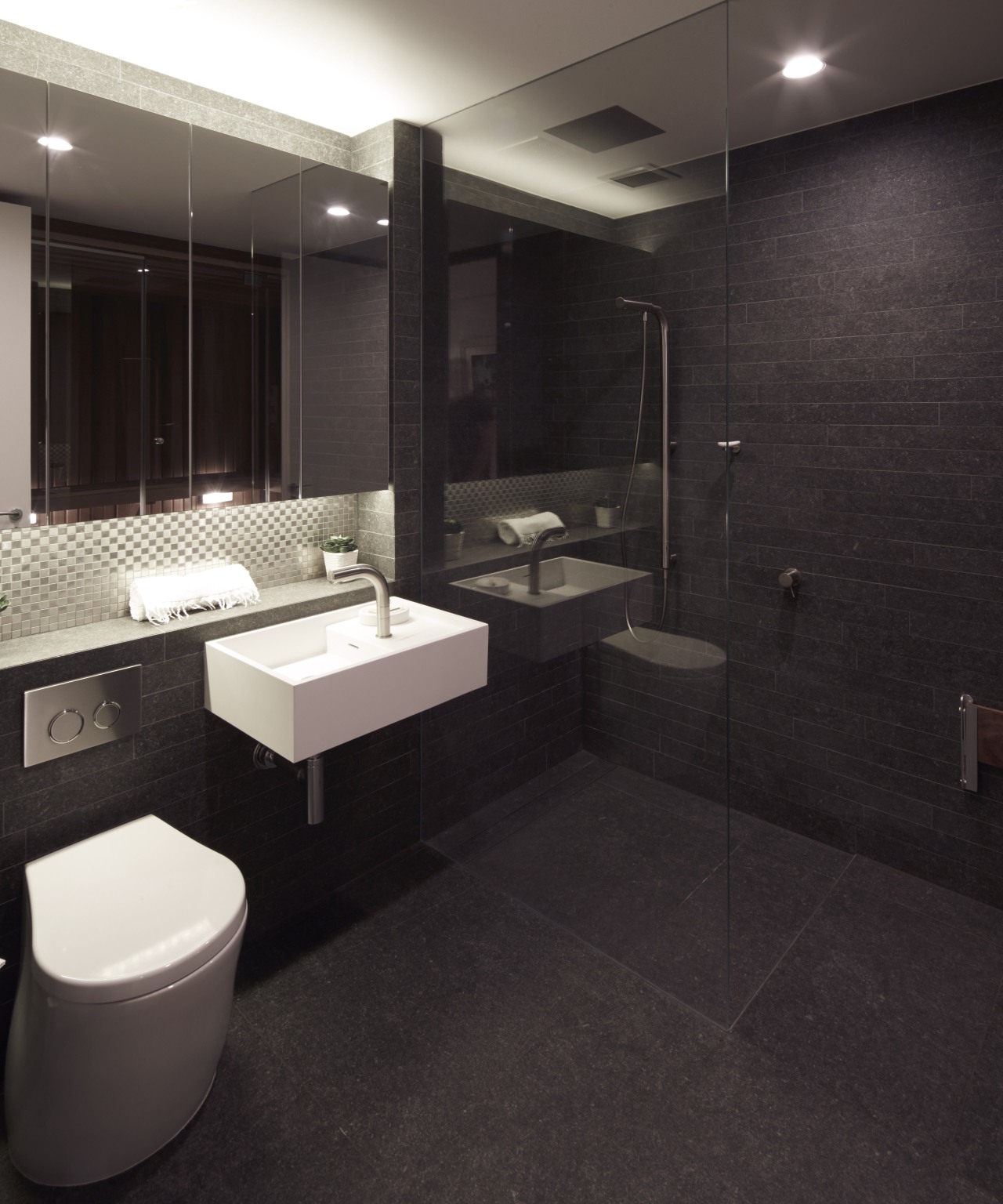 Dark tile bathroom in modern apartment renovation architecture, bathroom, floor, flooring, interior design, room, sink, tile, wall, black
