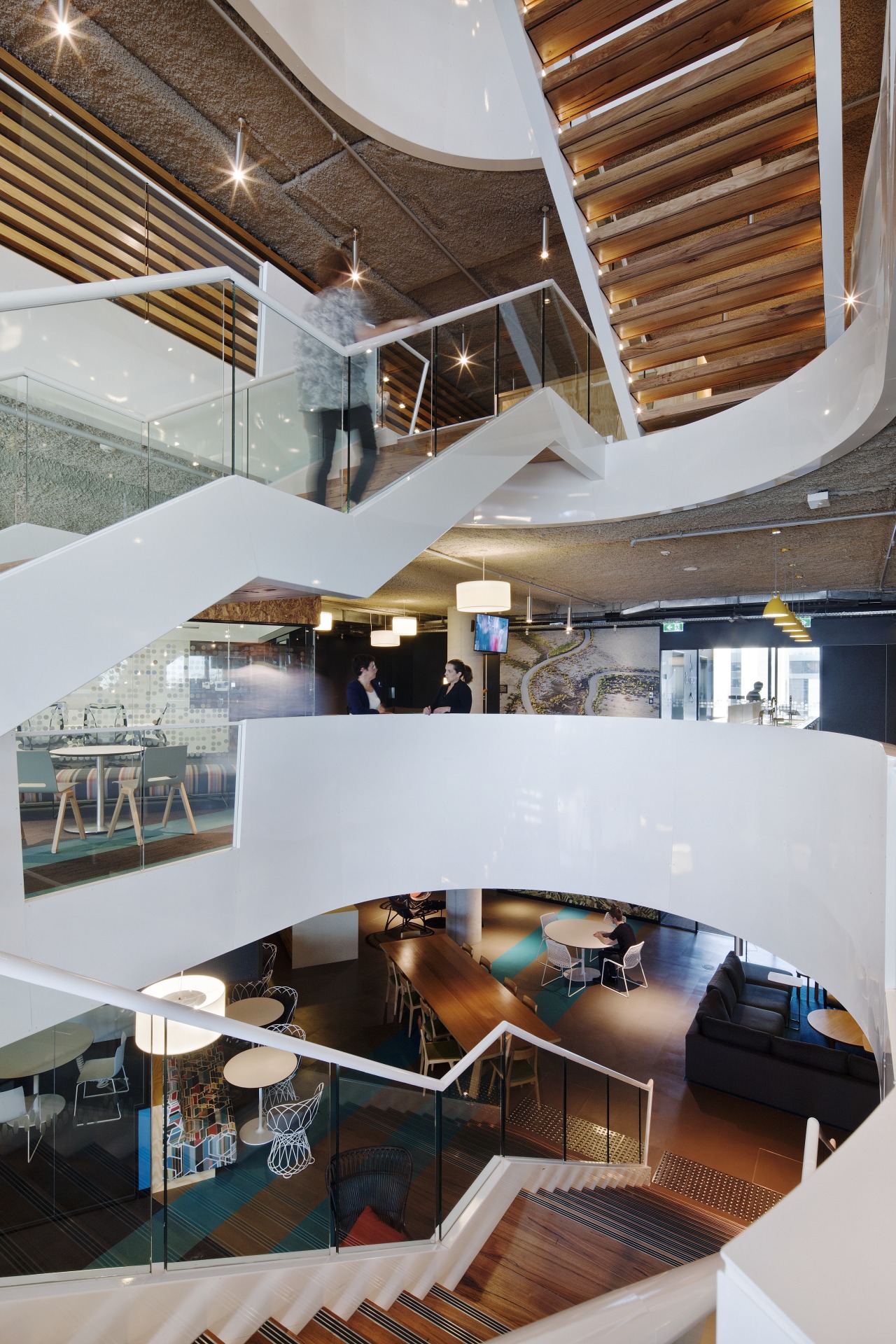 A central stairwell in the Aurecon head office architecture, ceiling, daylighting, interior design, lobby, gray, brown