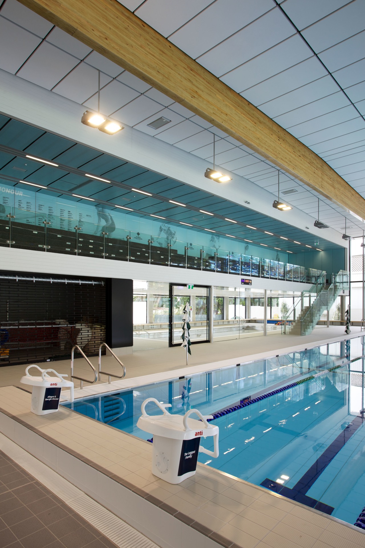 New school centre with pool, fitness centre, health architecture, daylighting, glass, leisure, leisure centre, sport venue, structure, swimming pool, gray