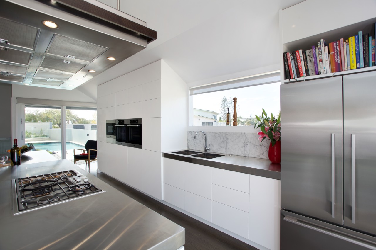 White cabinets and stainless steel benchtops. are features countertop, cuisine classique, interior design, kitchen, real estate, gray