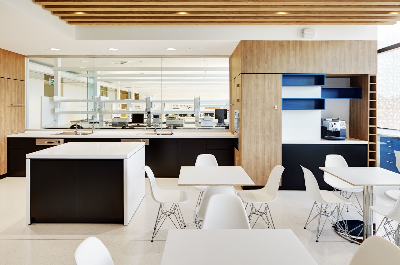 Harry Perkins Institute for Medical Research by Hames interior design, kitchen, office, product design, white