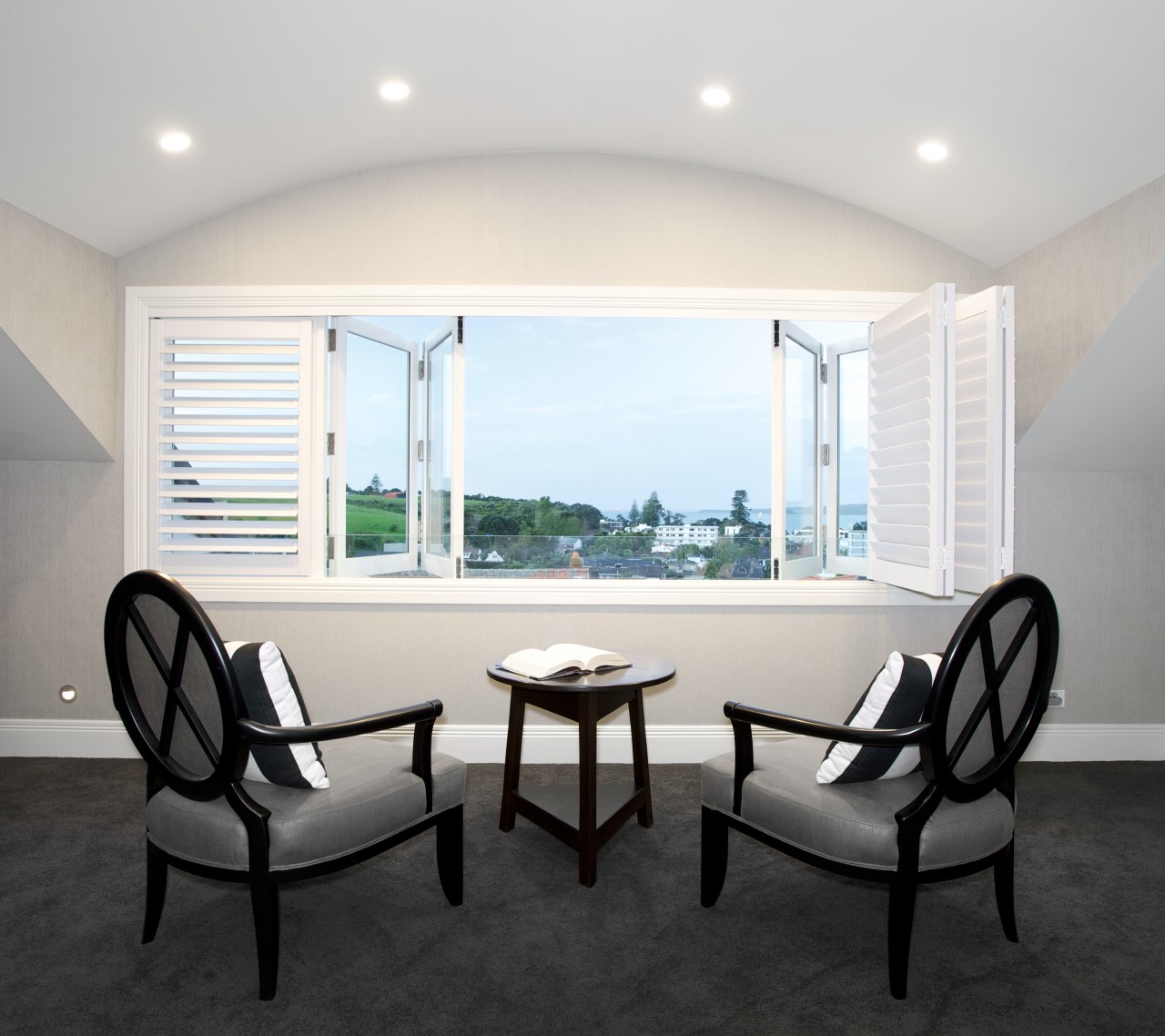 This master bedroom setting features Elle chairs and chair, dining room, furniture, interior design, real estate, room, table, window, white, black