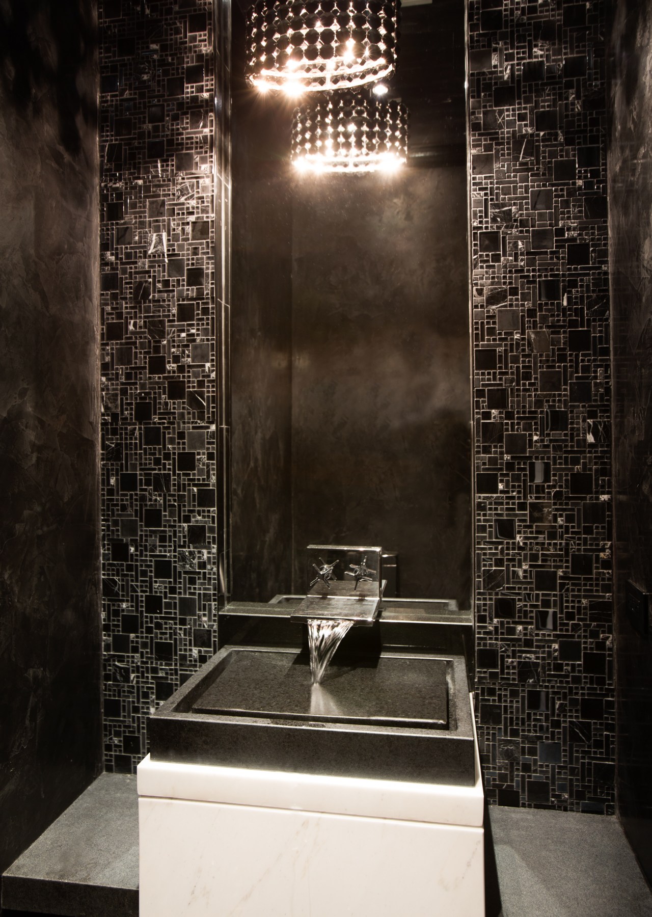 This powder room near the entry to the architecture, bathroom, darkness, flooring, interior design, light, light fixture, lighting, room, wall, black