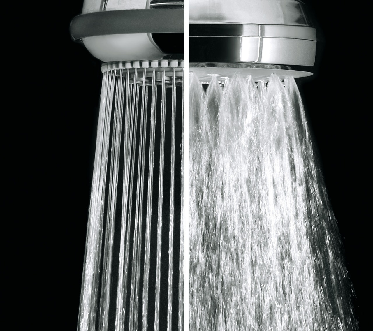 Satinjet rainshower compared to conventional shower black and white, plumbing fixture, water, black, gray