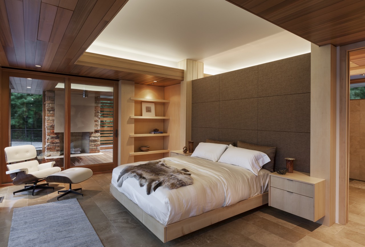 This master bedroom is separated from the bathroom architecture, bed frame, bedroom, ceiling, floor, hardwood, interior design, real estate, room, wall, wood, wood flooring, brown