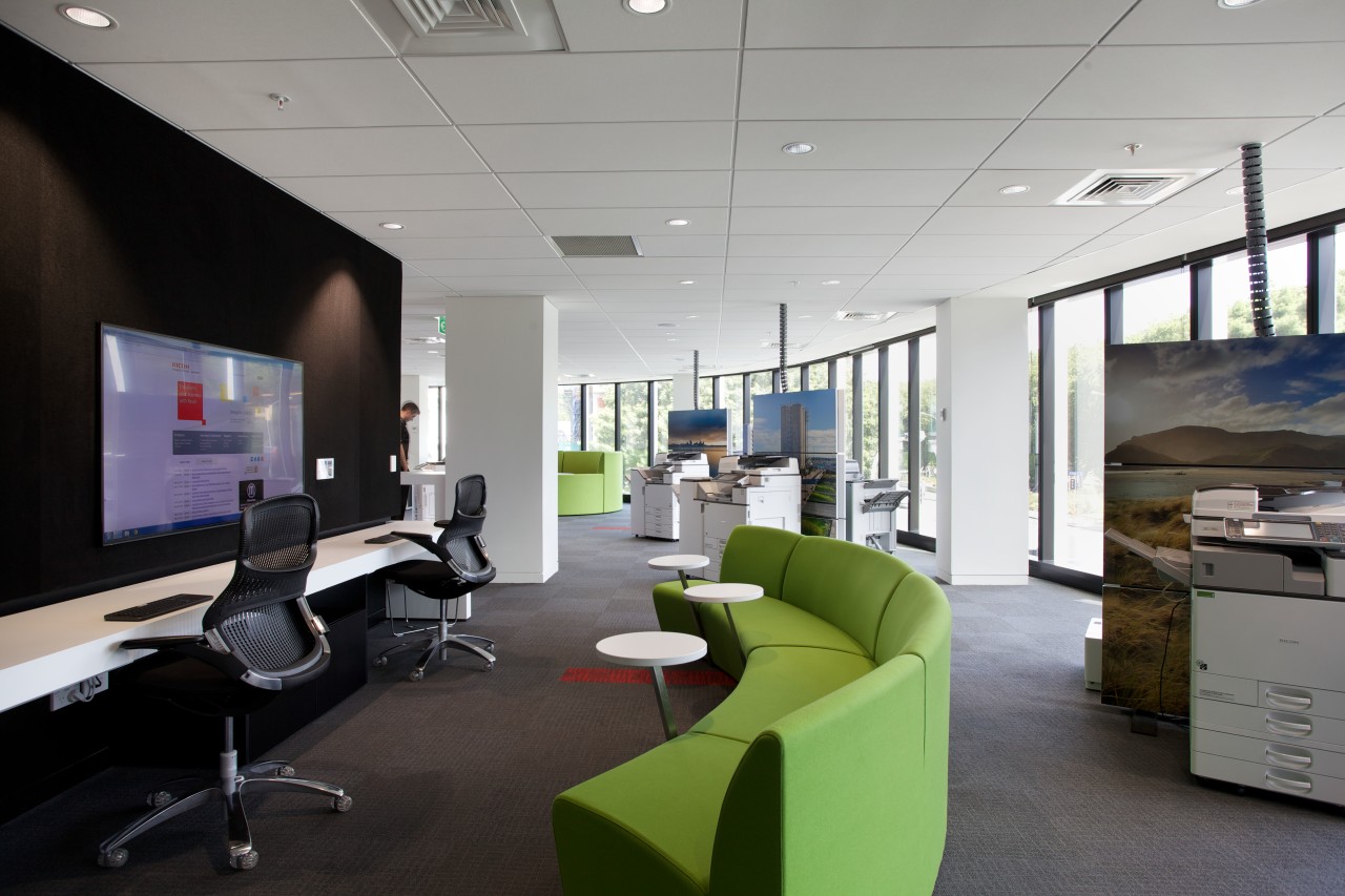 The new Ricoh office in Auckland has a architecture, desk, interior design, office, product design, gray, black