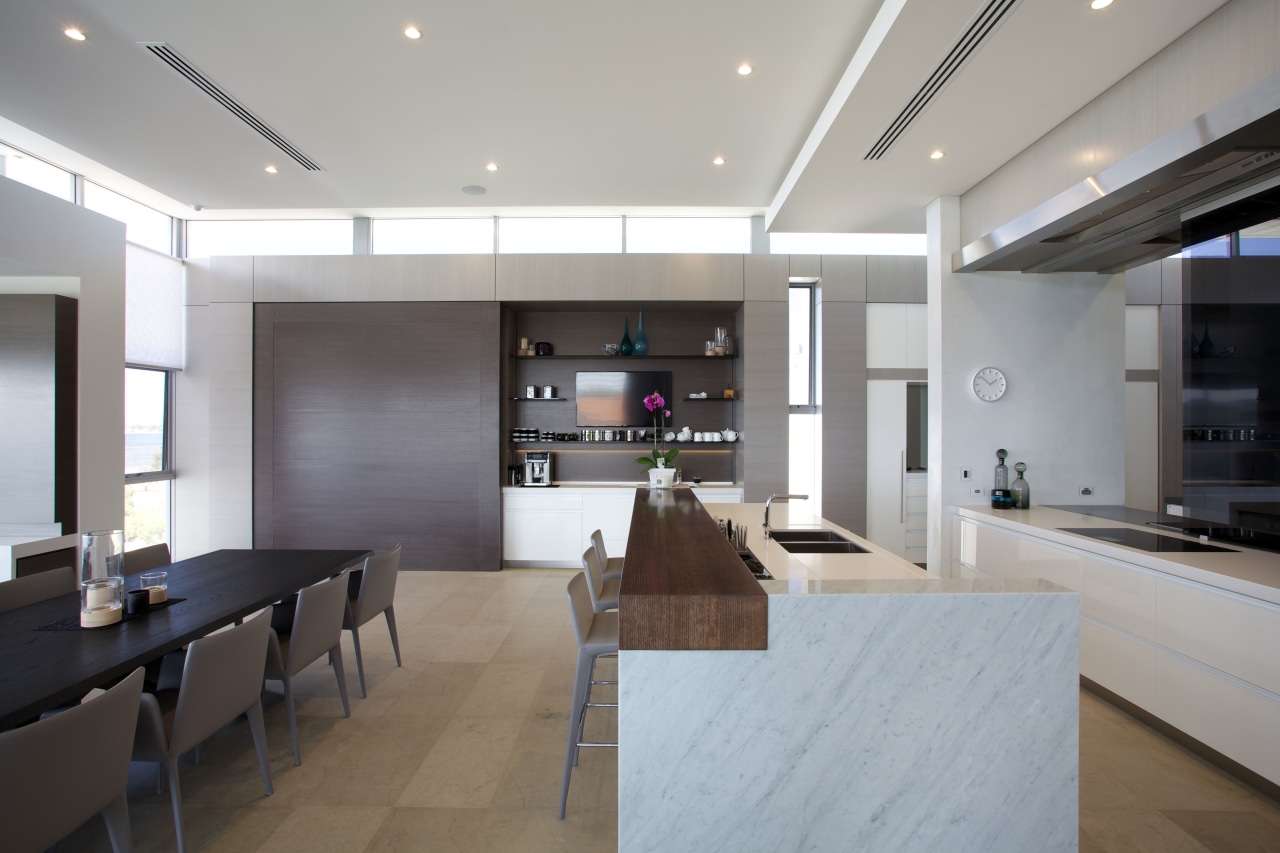 This kitchen, designed by Leon House, reinforces the ceiling, countertop, house, interior design, kitchen, living room, lobby, real estate, gray