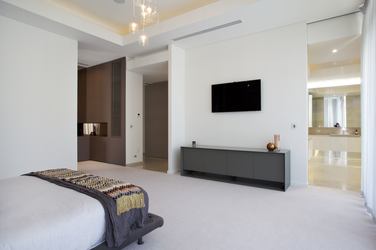 Coffered ceilings in this bedroom and bathroom feature bedroom, ceiling, interior design, property, real estate, room, suite, gray