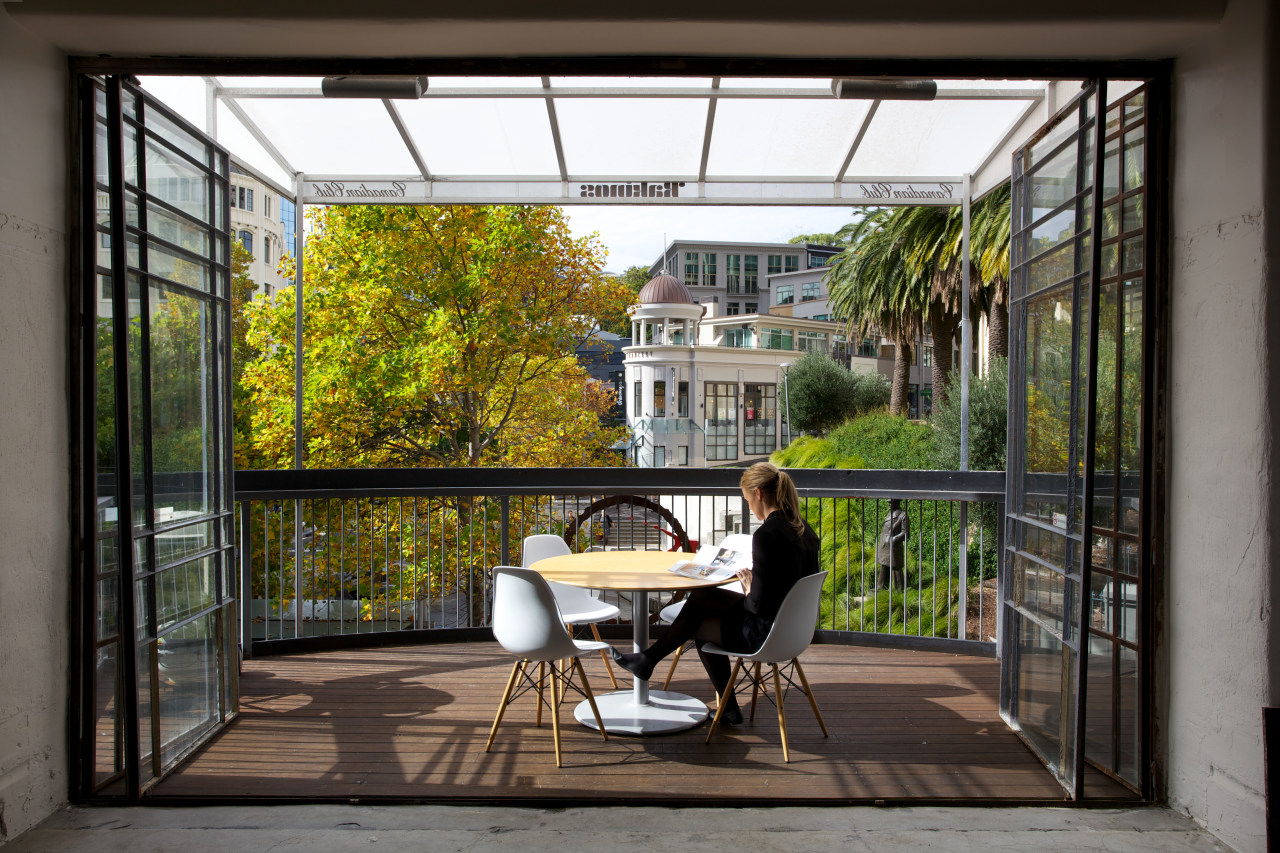 Steel doors open up to the Gaze office architecture, balcony, courtyard, door, house, outdoor structure, real estate, window, black, gray