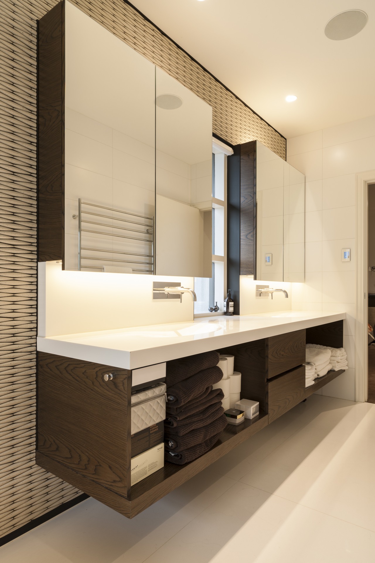 Not all neutrals are created equal this new bathroom, bathroom accessory, bathroom cabinet, cabinetry, interior design, product design, room, sink, orange, brown