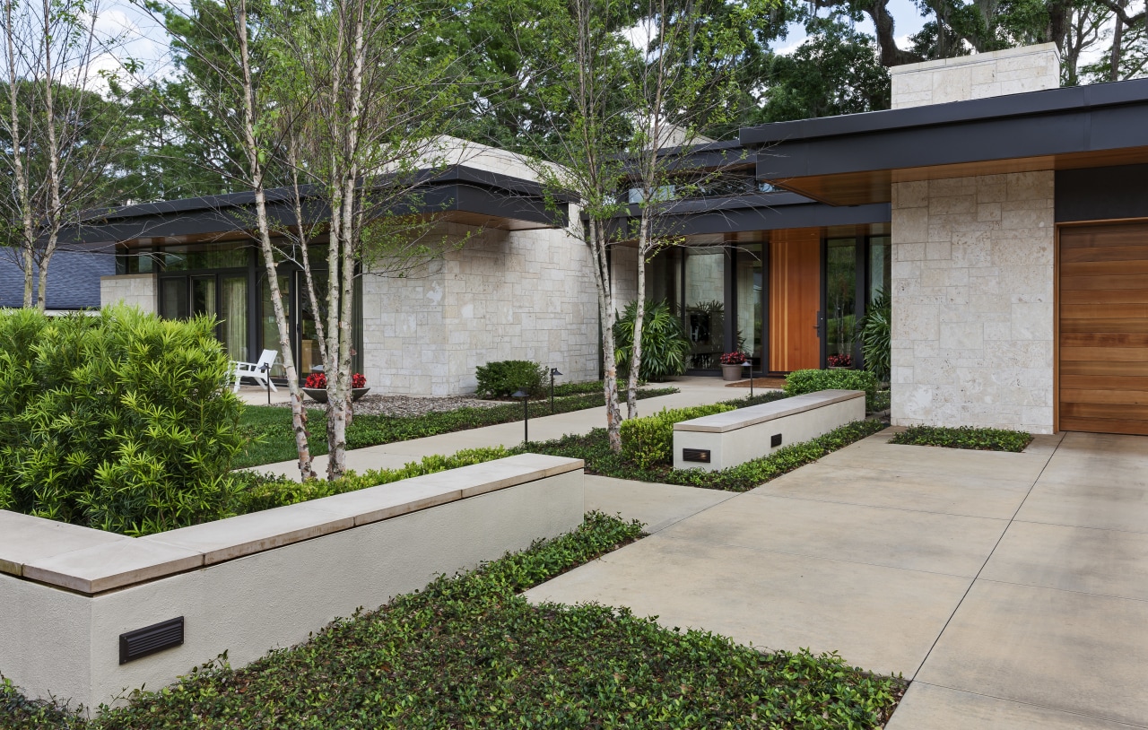 This contemporary lakefront home designed by Charles R architecture, backyard, courtyard, estate, facade, home, house, property, real estate, residential area, yard, gray