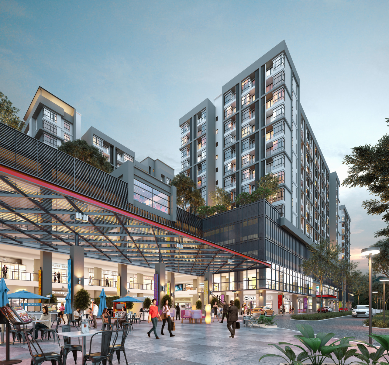 The 11,148m² Utropolis Marketplace enhances the appeal of building, city, commercial building, condominium, metropolis, metropolitan area, mixed use, neighbourhood, plaza, real estate, residential area, shopping mall, urban design, gray