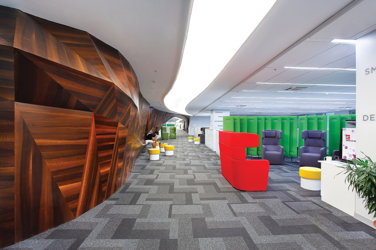 In the Clariant Chemicals office, a long wood architecture, ceiling, daylighting, floor, flooring, interior design, lobby, product design, gray