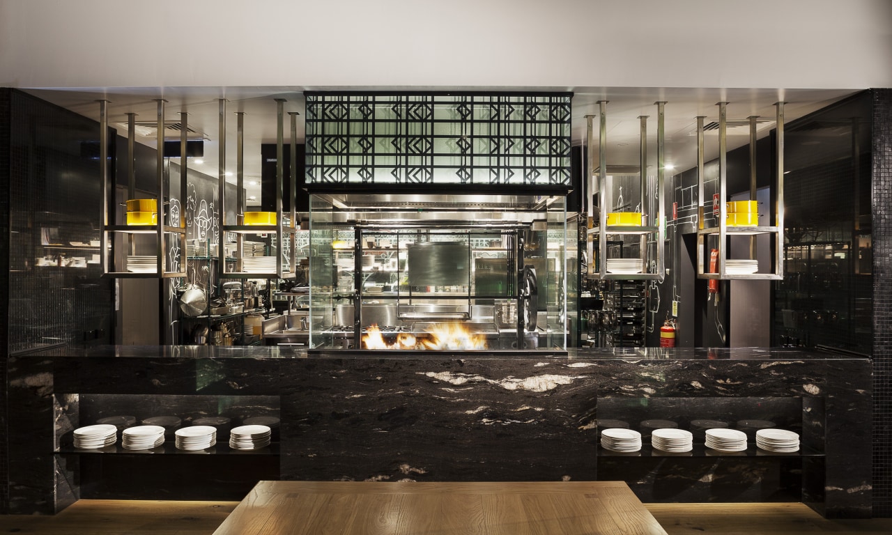 The open kitchen in the new DoubleTree by black, gray