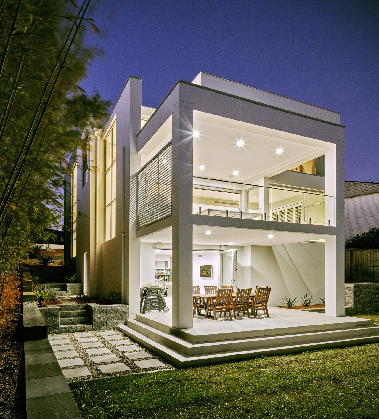 This home by Starr Constructions negotiates a sloping architecture, building, elevation, estate, facade, home, house, property, real estate, residential area, brown