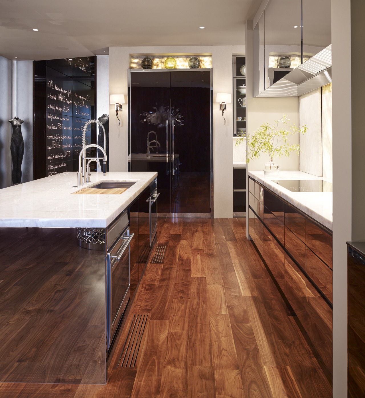 Polished stainless on the island and high gloss cabinetry, countertop, cuisine classique, floor, flooring, hardwood, interior design, kitchen, laminate flooring, tile, wood, wood flooring, brown, gray