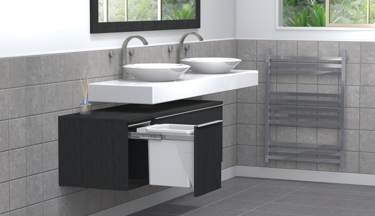 Clean-up in the bathroom the Hideaway Compact angle, bathroom, bathroom accessory, bathroom cabinet, bathroom sink, ceramic, countertop, floor, furniture, plumbing fixture, product, product design, sink, tap, tile, gray