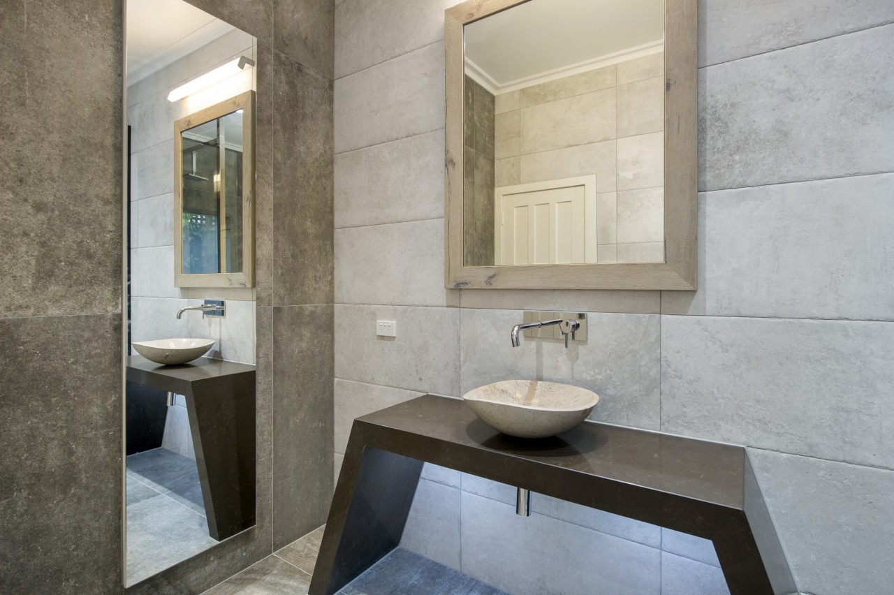 For this dressed to impress bathroom, designer Owen architecture, bathroom, floor, interior design, room, sink, tile, gray