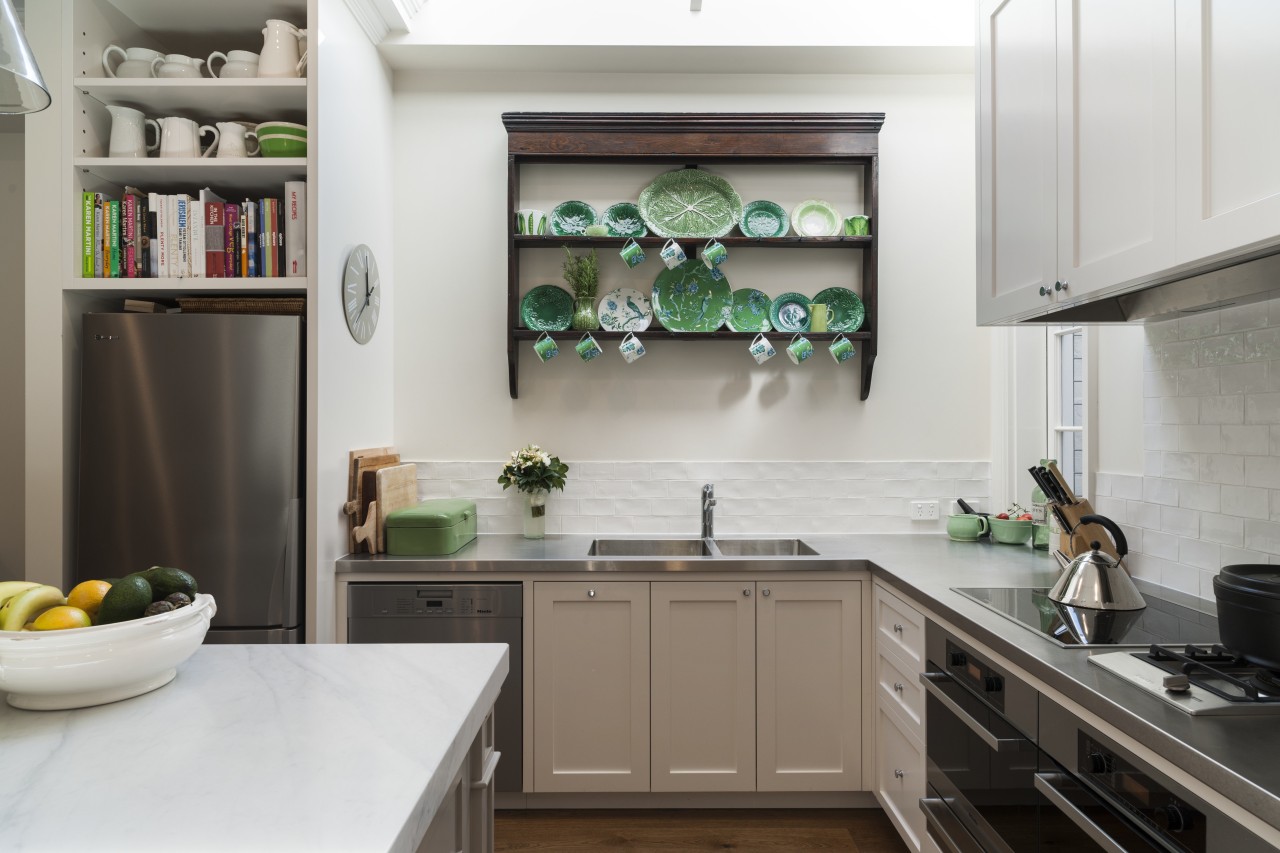 White undulating tiles on the splashback add brightness cabinetry, countertop, cuisine classique, home, home appliance, interior design, kitchen, room, gray, white