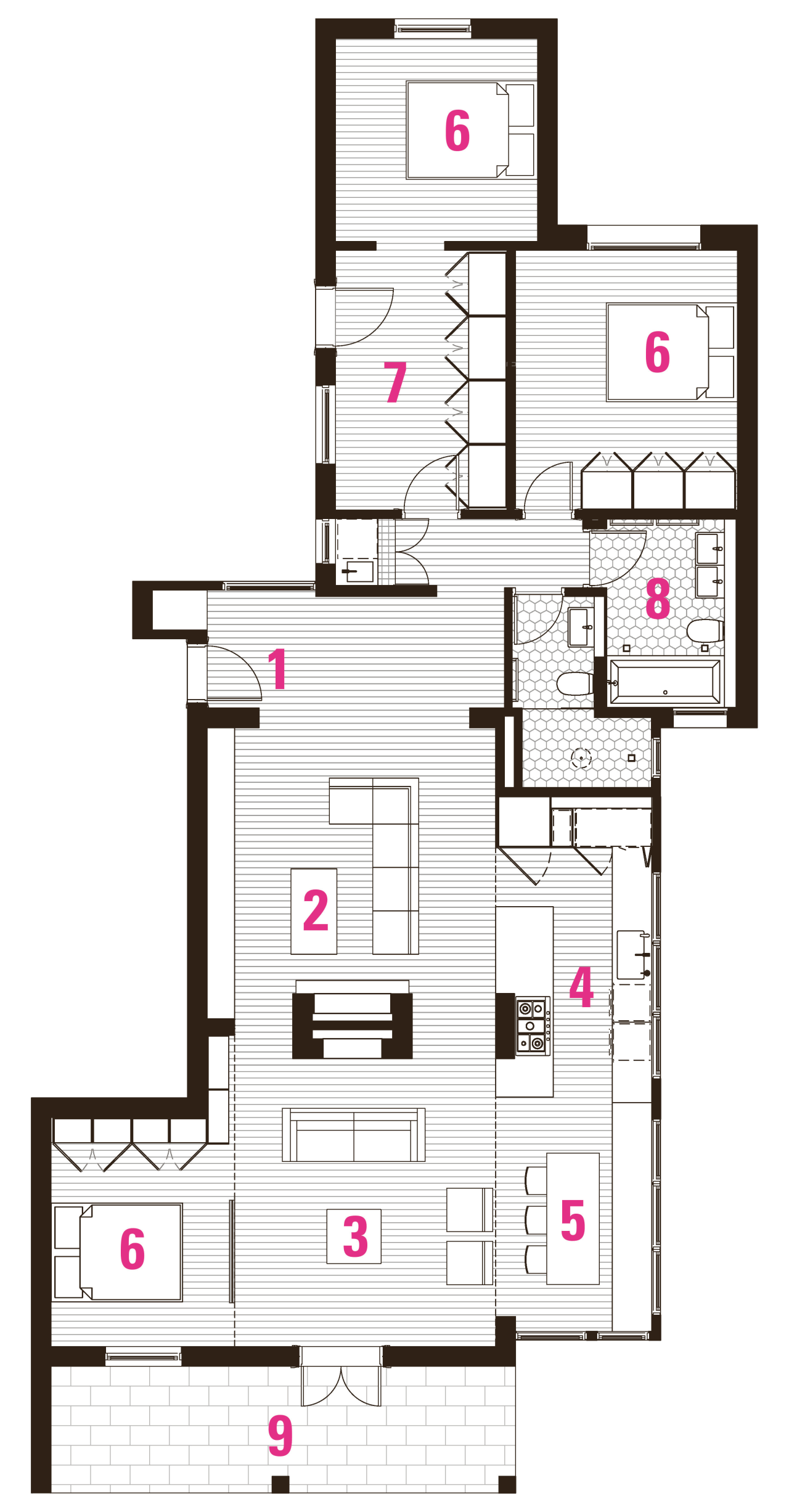 1 entry, 2 family room, 3 living room, area, design, floor plan, line, plan, product, product design, white