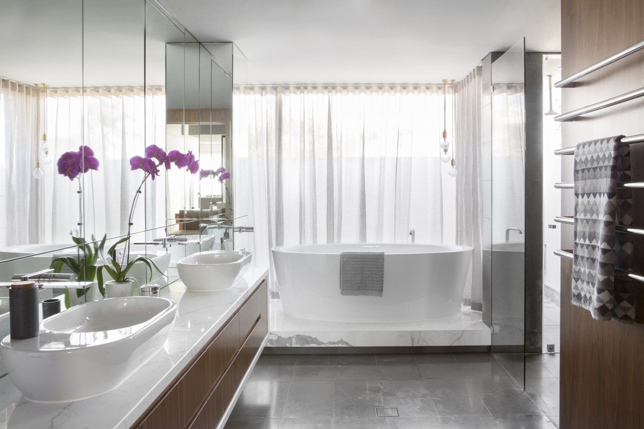 This white master bathroom, designed by Arc Seven bathroom, home, interior design, plumbing fixture, room, white, gray