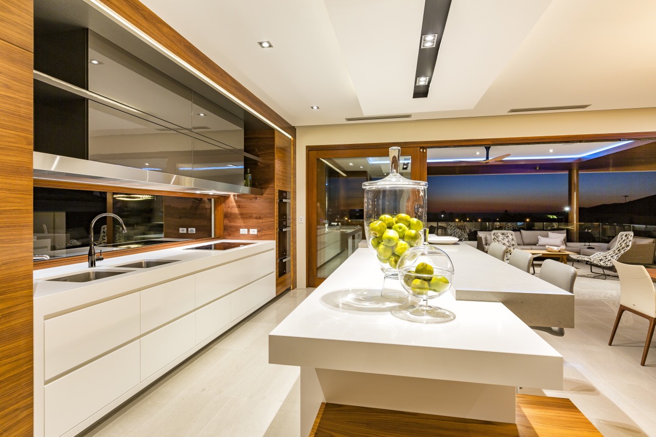 In this new kitchen, the long lines on interior design, yacht, white, brown