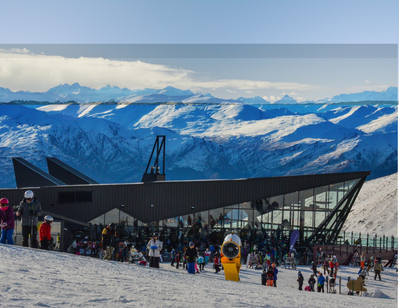 The jutting air vents and chimney, pointed roofline, alps, arctic, atmosphere of earth, cloud, fell, geological phenomenon, glacial landform, mountain, mountain range, mountainous landforms, piste, ski equipment, sky, snow, tourism, vacation, winter, gray, teal