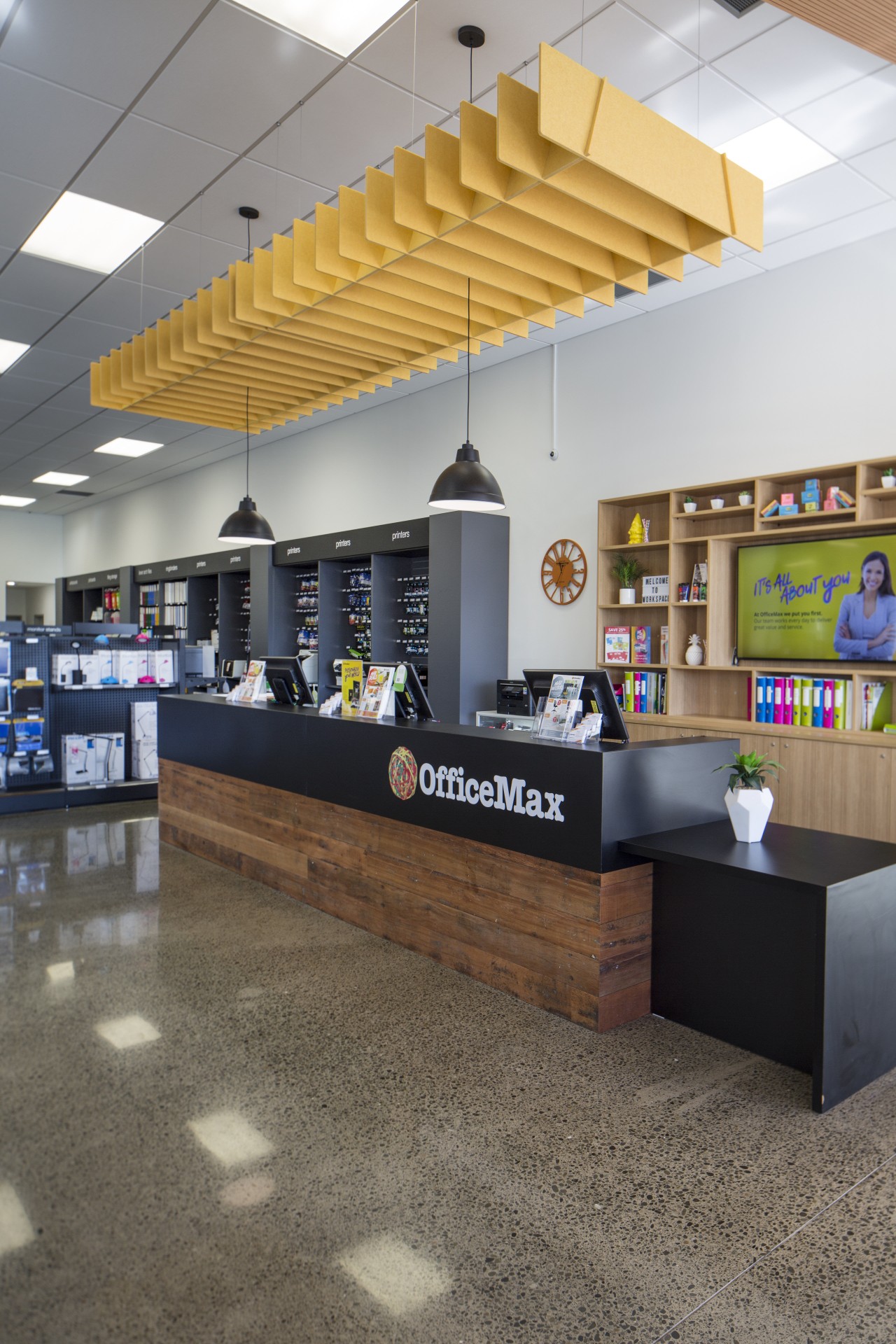 Together with every possible office product, OfficeMax offers interior design, lobby, gray