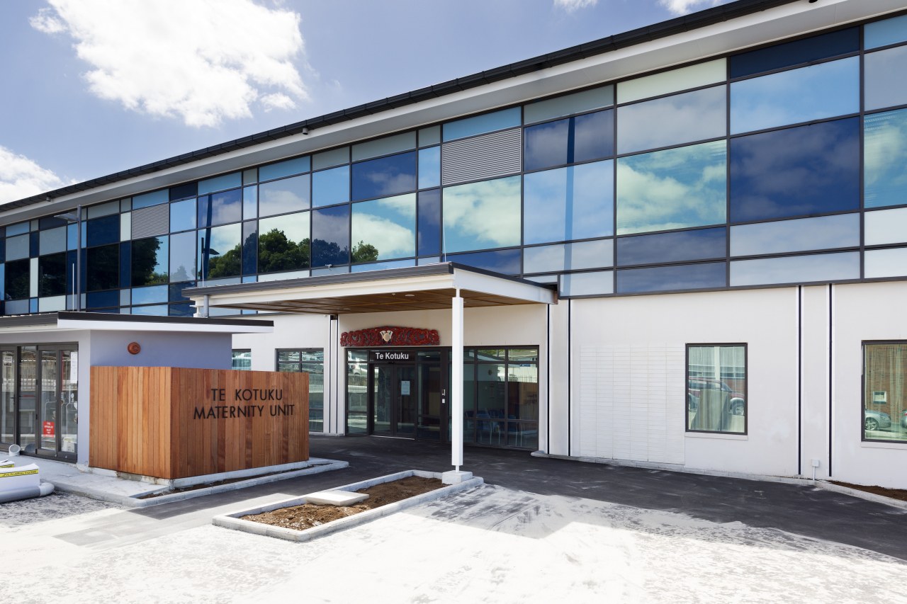 :The brand new maternity wing at Whangarei Hospital architecture, building, facade, home, house, property, real estate, window, white