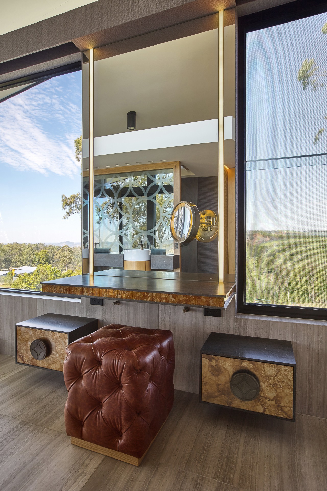 Antique Tuscan glass sandwiched between Corian sheets forms architecture, home, house, interior design, window, brown