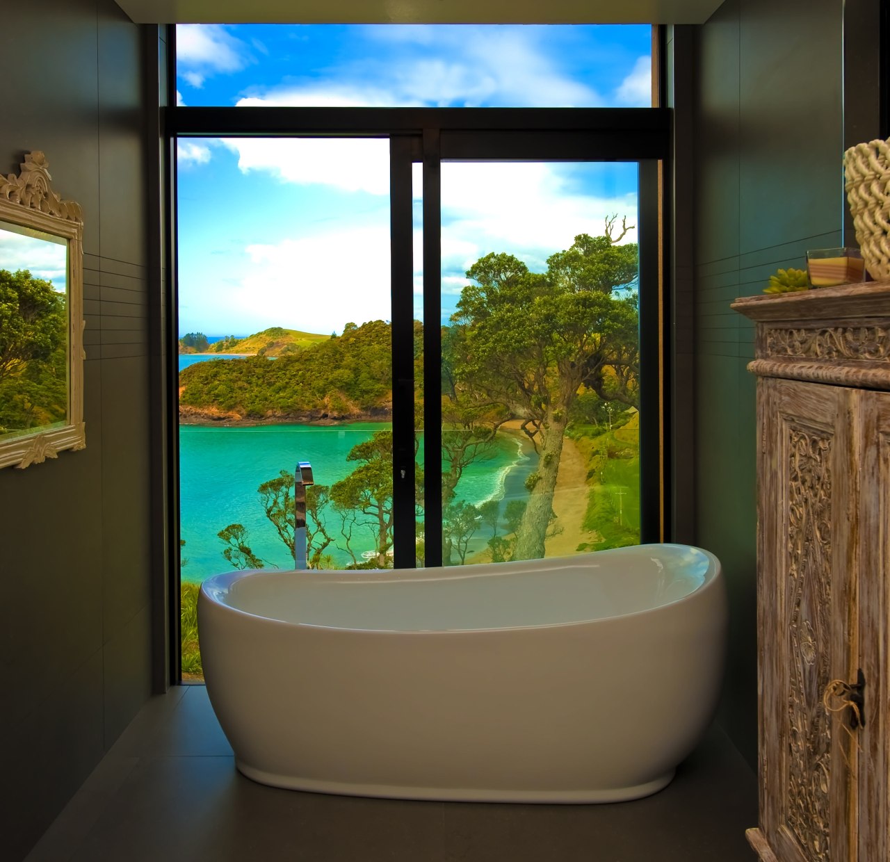 Soaking in the view coping with site bathroom, home, house, interior design, room, window, brown
