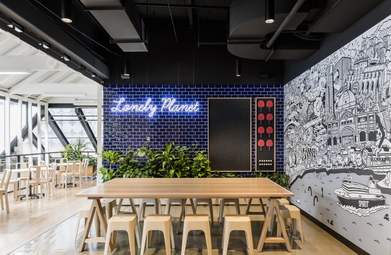 This Lonely Planet staff cafeteria is also a architecture, ceiling, interior design, structure, black, white