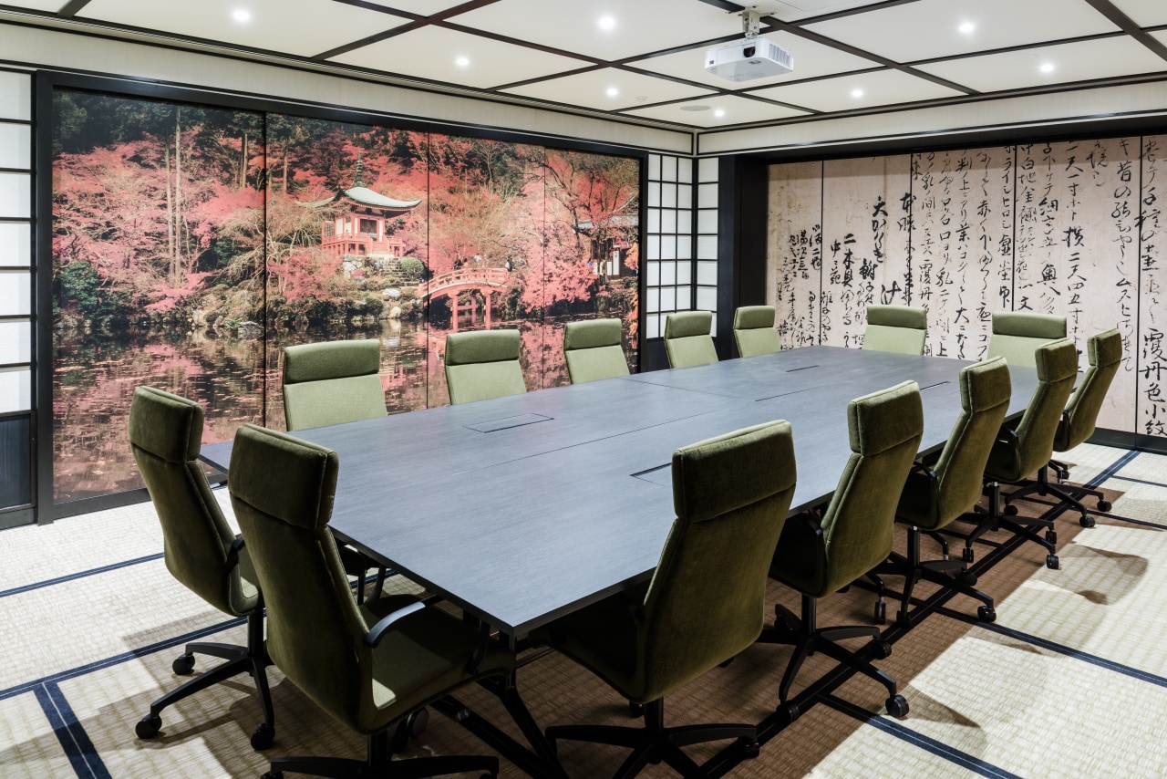 Japanese Edo-period architecture comes to life in the conference hall, dining room, furniture, interior design, table, black, gray