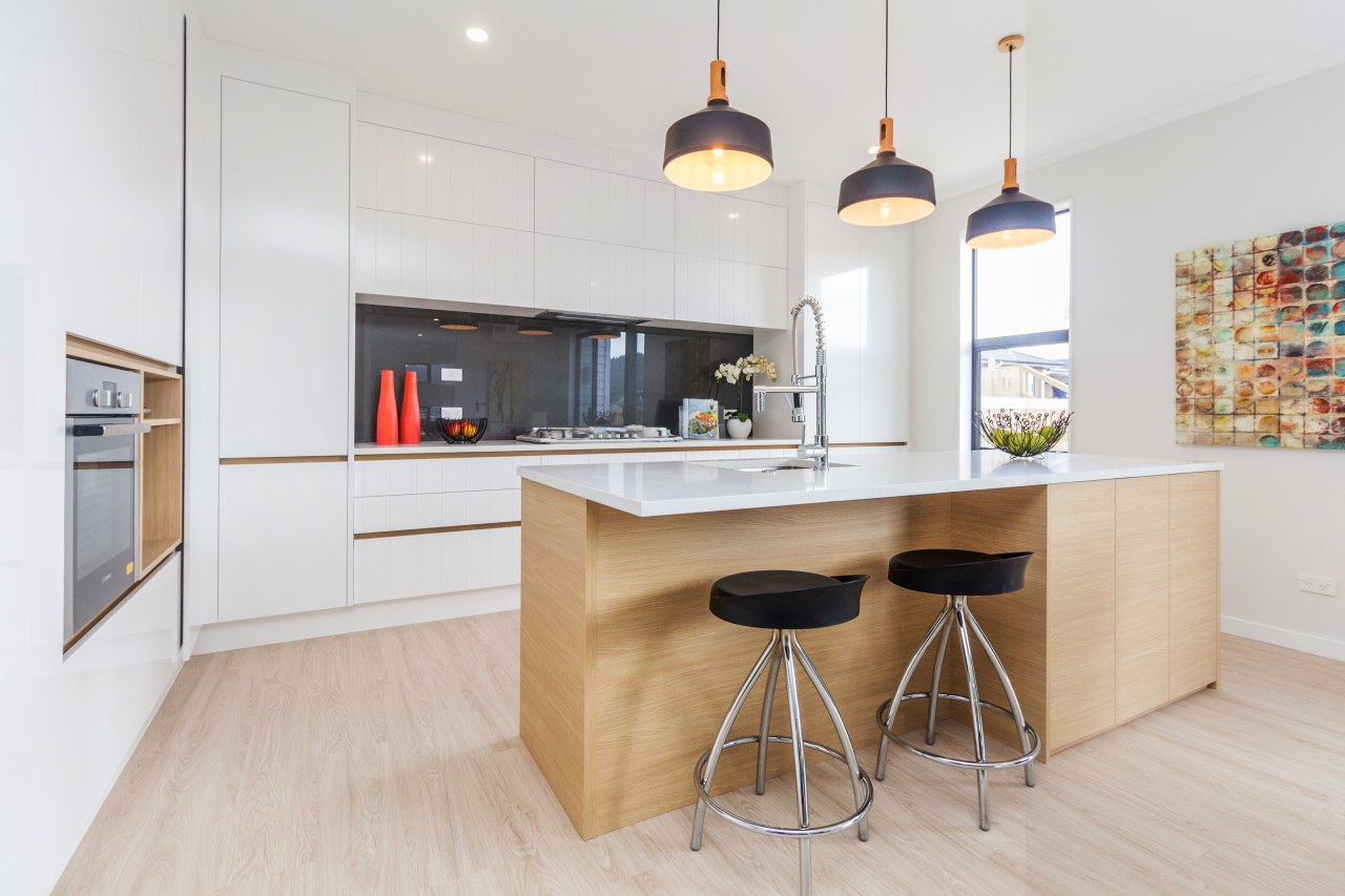 Table for two? The island in this kitchen apartment, architecture, cabinetry, countertop, cuisine classique, floor, home, interior design, kitchen, product design, real estate, room, gray, white