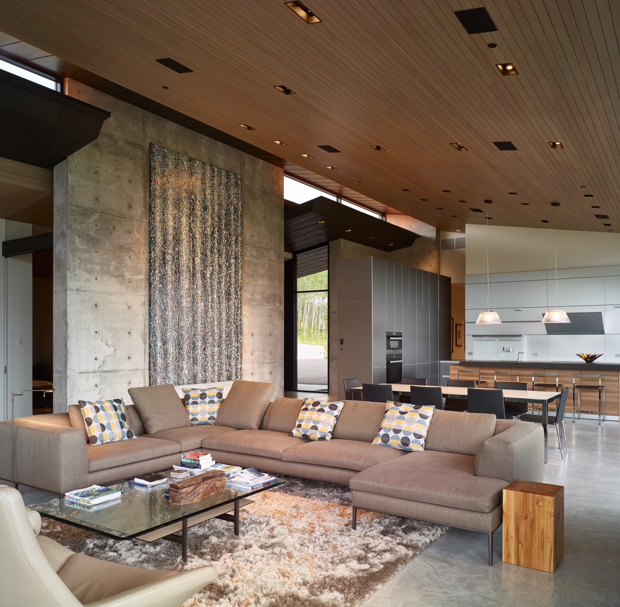 The main entrance to this home can be architecture, ceiling, interior design, living room, lobby, table, wall, brown, gray