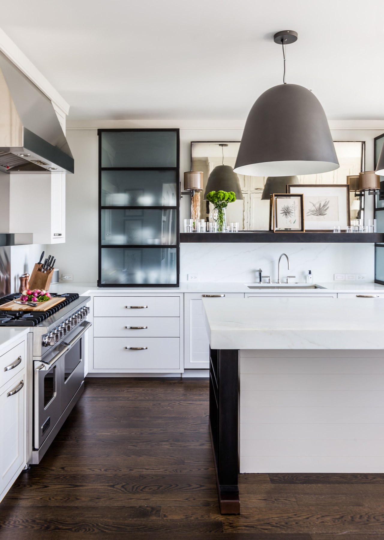 Rustic touch on this elegant kitchen design cabinetry, countertop, cuisine classique, floor, flooring, hardwood, home, home appliance, interior design, kitchen, room, wood flooring, white