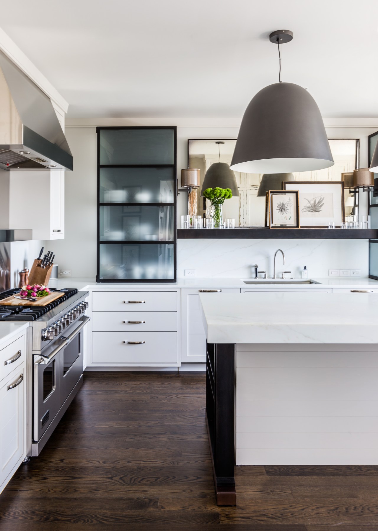 Rustic touch  on this elegant kitchen design cabinetry, countertop, cuisine classique, floor, flooring, hardwood, home, home appliance, interior design, kitchen, room, wood flooring, white