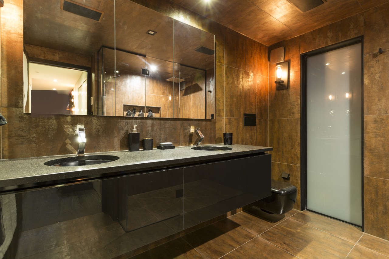 Choice of materials in this bathroom by designer cabinetry, ceiling, countertop, flooring, interior design, kitchen, real estate, room, brown