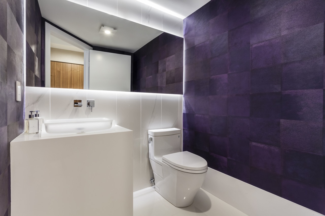 This modern powder room by designers Laila Colvin architecture, bathroom, floor, interior design, plumbing fixture, product design, property, purple, room, sink, tap, tile, gray, purple