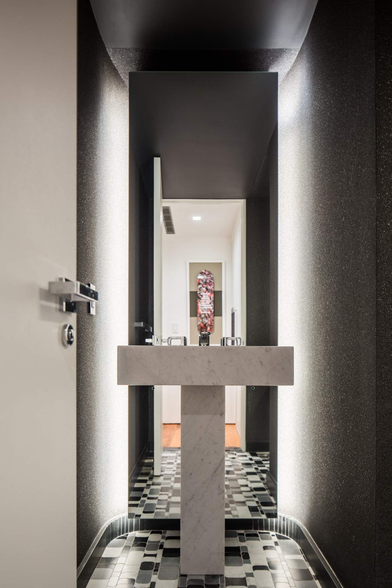 This powder room in a renovated New York architecture, interior design, gray, black