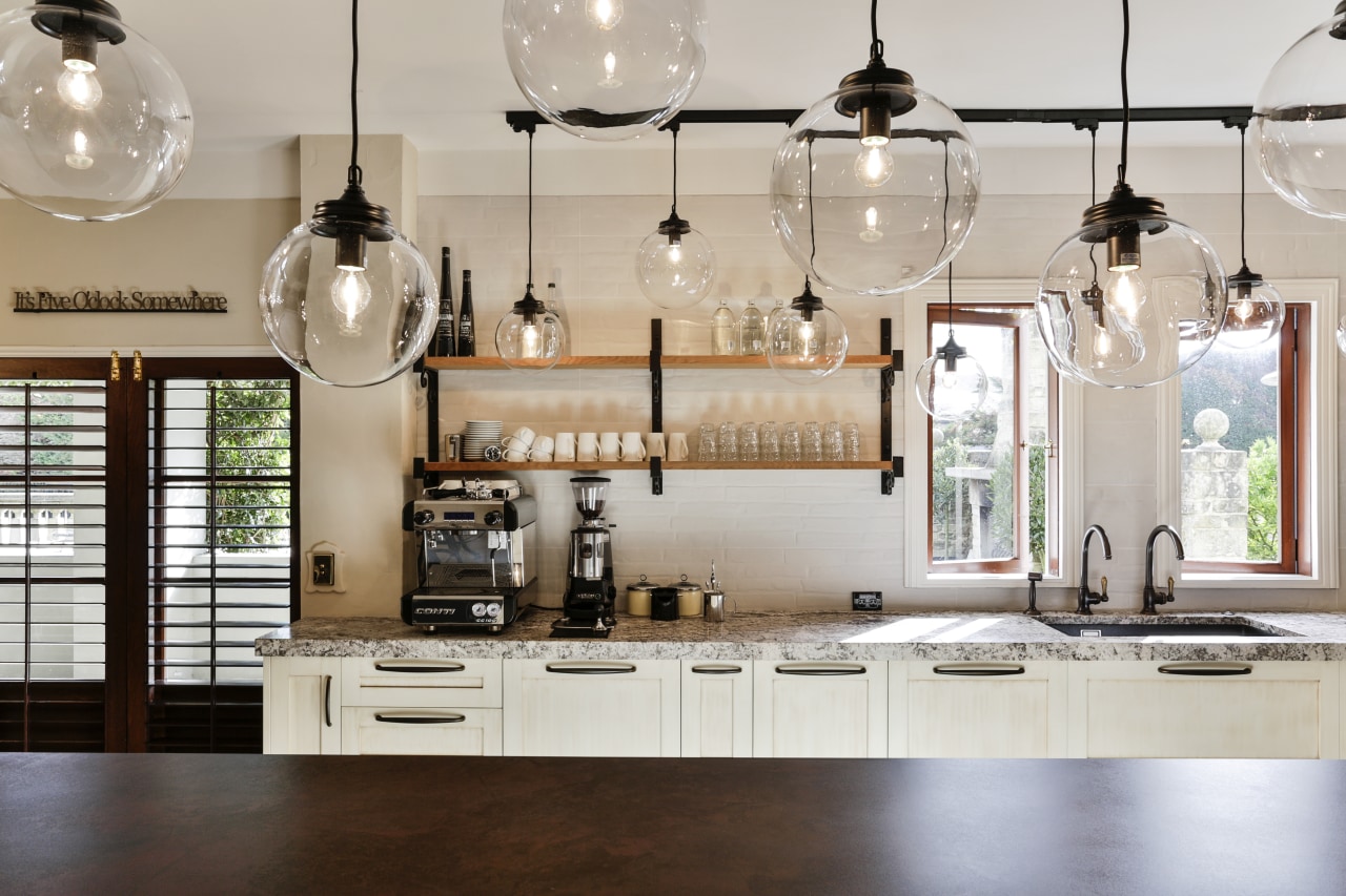 Feature pendant lights, wrought iron shelf brackets and ceiling, chandelier, countertop, cuisine classique, home, interior design, kitchen, light fixture, lighting, gray