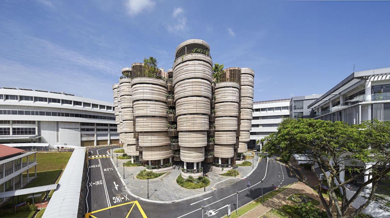 The Hive at Singapores National Technological University is architecture, building, condominium, corporate headquarters, headquarters, metropolitan area, mixed use, real estate, sky, teal